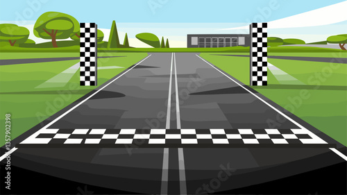 Vibrant digital illustration of a race track featuring a checkered finish line, flanked by iconic black and white pillars. Lush greenery enhances the racing vibe.