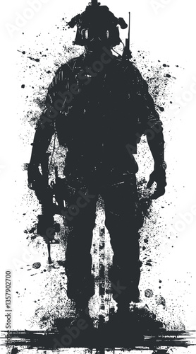 Silhouette of a soldier in uniform with weapon, black and white illustration.