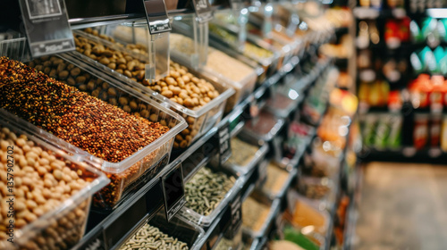 supermarket aisle features bulk bins filled with grains, nuts, and legumes