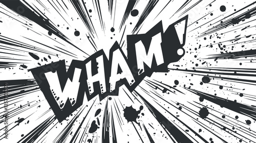 Retro comic-style explosion with 'WHAM!' text in black and white.