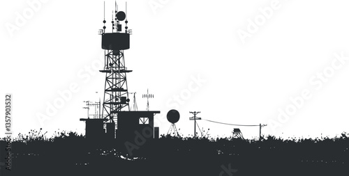 Silhouette of a communication tower with antennas against a white background.