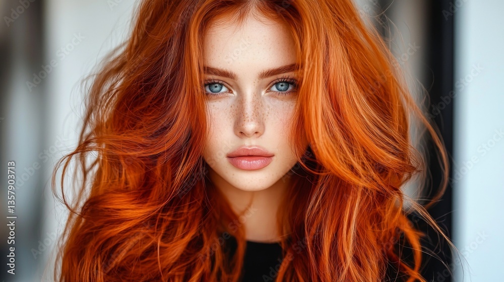 Obraz premium A stunning portrait of a young woman with vibrant red hair and striking blue eyes