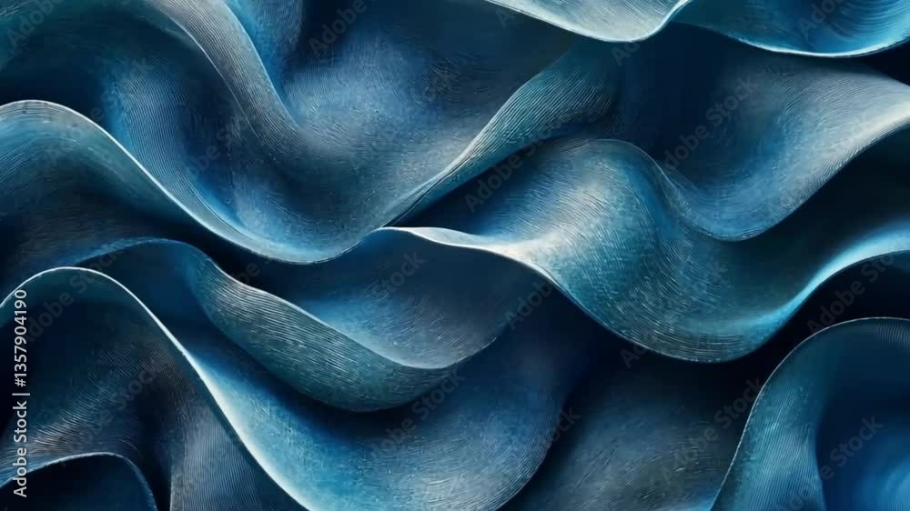 Abstract blue fabric waves, textured folds, close-up for background use