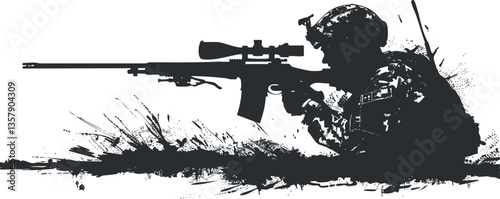 Silhouette of a soldier with a sniper rifle in camouflage.