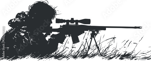 Silhouette of a sniper in camouflage aiming a rifle in tall grass.