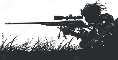 Silhouette of a sniper aiming through a rifle in grass.