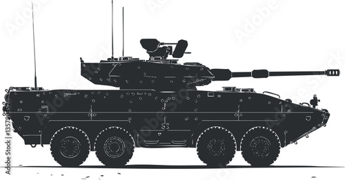 Silhouette of an armored military tank with large wheels and turret.