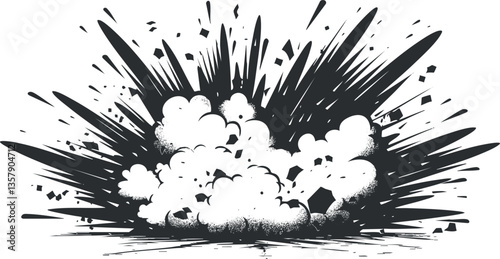 Black and white explosion illustration with dynamic smoke and debris.