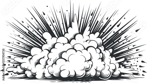Comic-style black and white explosion illustration with dynamic cloud effects.