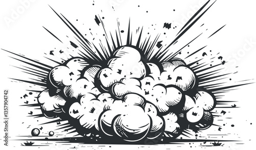 Black and white cartoon illustration of an explosive burst cloud.