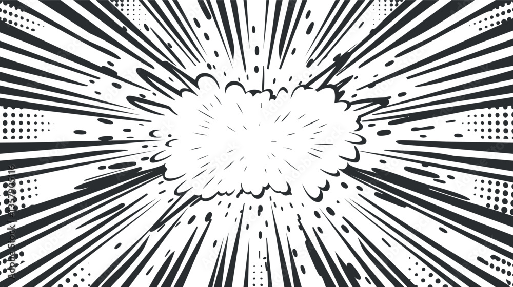 Obraz premium Black and white comic style explosion burst with radial lines.