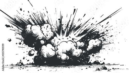 Black and white comic-style illustration of a dramatic explosion.