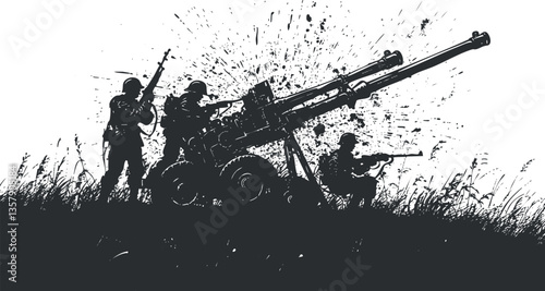 Silhouette of soldiers with artillery cannon in a combat scene.