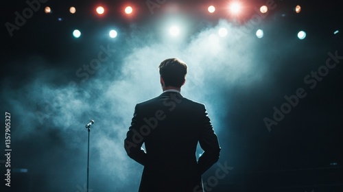 A successful entrepreneur standing on stage receiving a business award