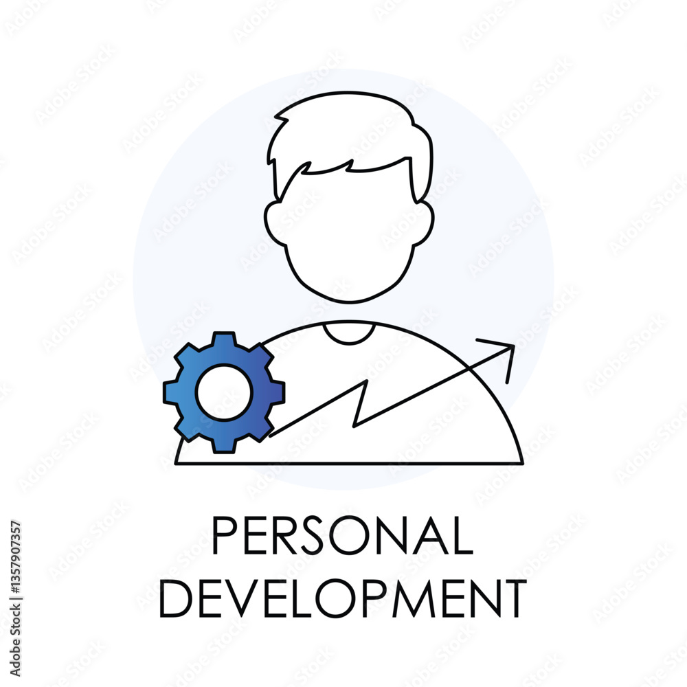 Vector icon for personal development. Outline icon showing a person with a gear and an upward arrow, representing growth, self-improvement, and skills enhancement. Vector icon for personal development. Outline icon showing a person with a gear and an upward arrow, representing growth, self-improvement, and skills enhancement.