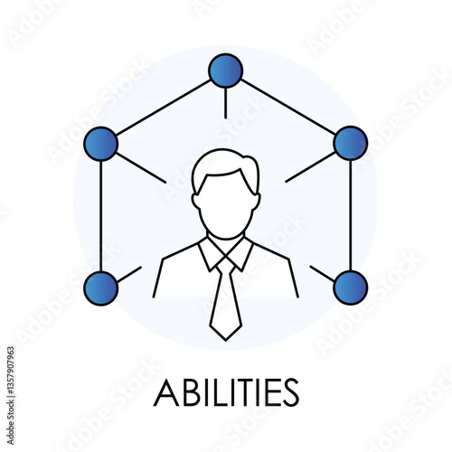 Vector icon for abilities. Outline icon illustrating a professional connected by nodes, representing skills, talents, and network capabilities.