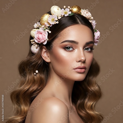 A stylish portrait of a young woman with an elegant hairstyle adorned with Easter-themed accessories. Soft lighting, pastel tones, premium textures, and a luxurious aesthetic. 1:1 format.