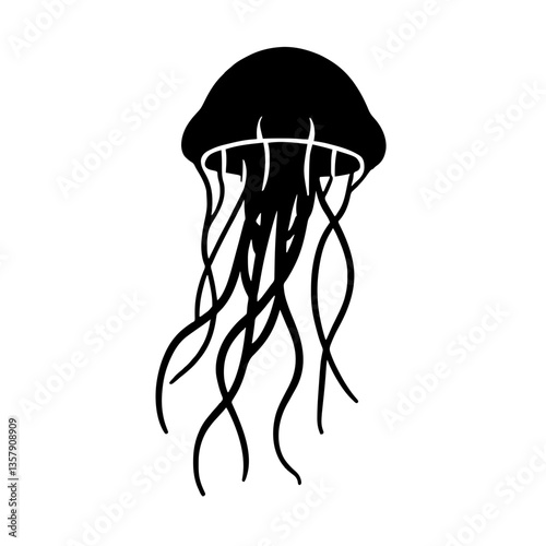 Minimalist black silhouette of a jellyfish with flowing tentacles