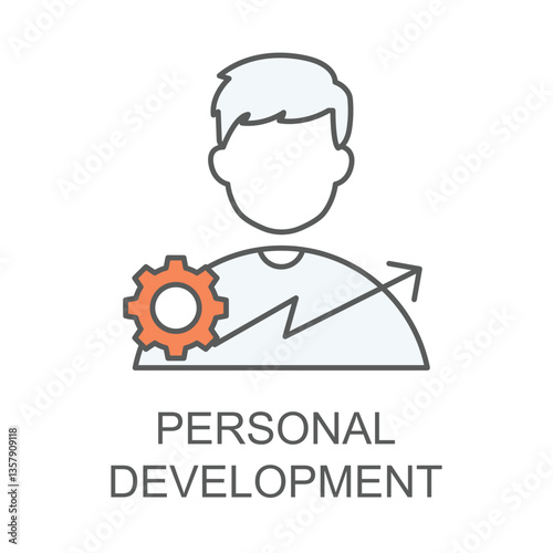  Vector icon for personal development. Outline icon showing a person with a gear and an upward arrow, representing growth, self-improvement, and skills enhancement.