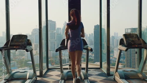 Athletic woman runs on treadmill near large windows with stunning city skyline. Sportive female exercises on trainer in luxury sports. Sunlight invigorates ambiance for workout