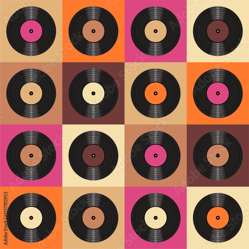 Seamless pattern print wallpaper with vinyl record discs music illustration vector retro style 60s, 70s, 80s, design art background for paper, textile, pack etc.