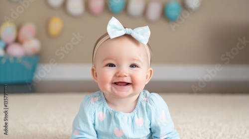 A cheerful baby girl in a blue dress adorned with a white bow is sitting happily on a soft carpet, radiating joy and innocence.