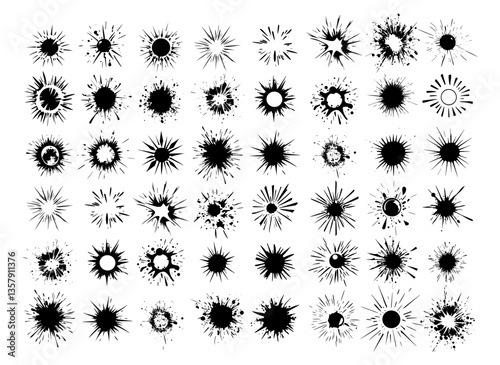 Black explosion and bursts. Tnt demolition explosive traces wave with smoke, shockwave blasts outburst warfare ammo missiles rockets dynamite or grenades detonations, monochrome isolated vector art