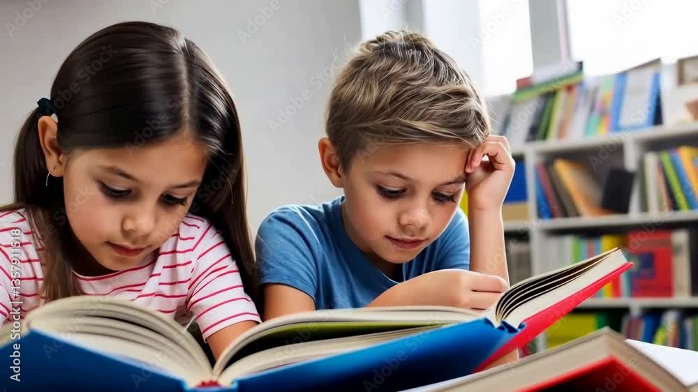 Two children reading books in a cozy library setting, captured from a side angle. The style is warm and inviting, resembling a video still.