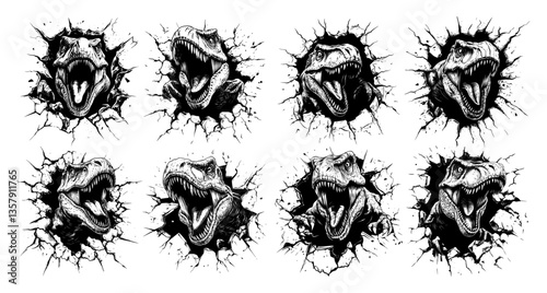Black ink sketch trex concepts. Furious lizard angry scaled tyrannosaurus raptor with open mouth and fangs hole crawls out, giant predator reptile hunter dinosaur animal creature, isolated arts