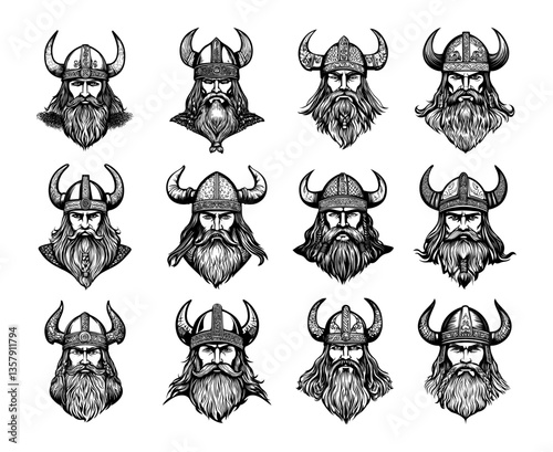 Black ink sketch viking heads. Bearded man in horns helmet armour, norseman marauders norse warrior raiders scandinavian berserker saga heroes characters avatars, isolated vector illustrations