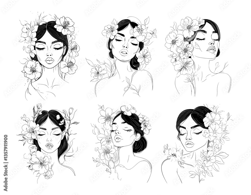 Black ink sketch woman outline portrait with flowers. Female portraits with closed eyes blossoms plants leaves and petals, serene minimalistic elegant relaxing girl beauty monochrome isolated art Black ink sketch woman outline portrait with flowers. Female portraits with closed eyes blossoms plants leaves and petals, serene minimalistic elegant relaxing girl beauty monochrome isolated art