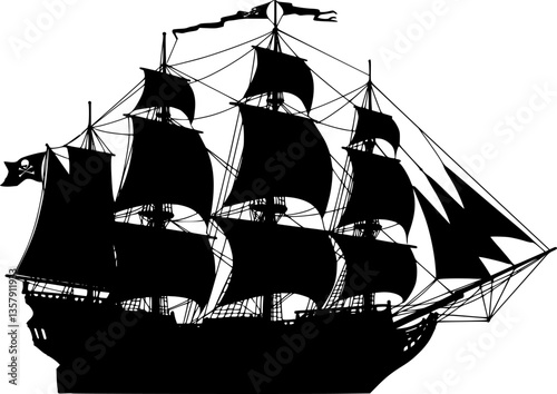 pirate ship black silhouette,pirate ship flat vector illustration
