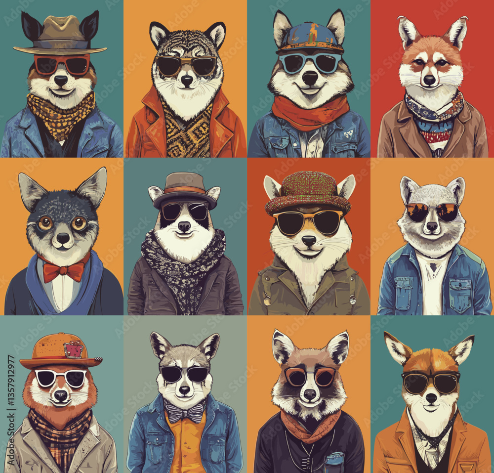 Fototapeta premium Cartoon animal hipsters portraits. Fox lama raccoon and dog characters with glasses neckerchiefs jackets ties and hats, casual clothes accessories stylish animals, vector illustrations
