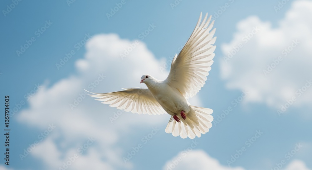 White dove soaring against a blue sky with fluffy clouds White dove soaring against a blue sky with fluffy clouds