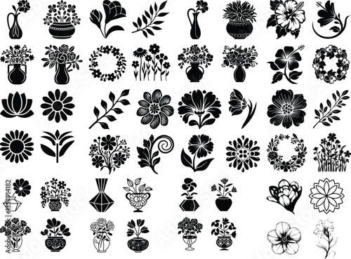 Flowers silhouette, vector images Retro nature icon set Set of roses silhouettes. Rose icon Set of roses silhouettes. Rose icon simple flower icons. incredible flower icons art. simple flower vecto
  