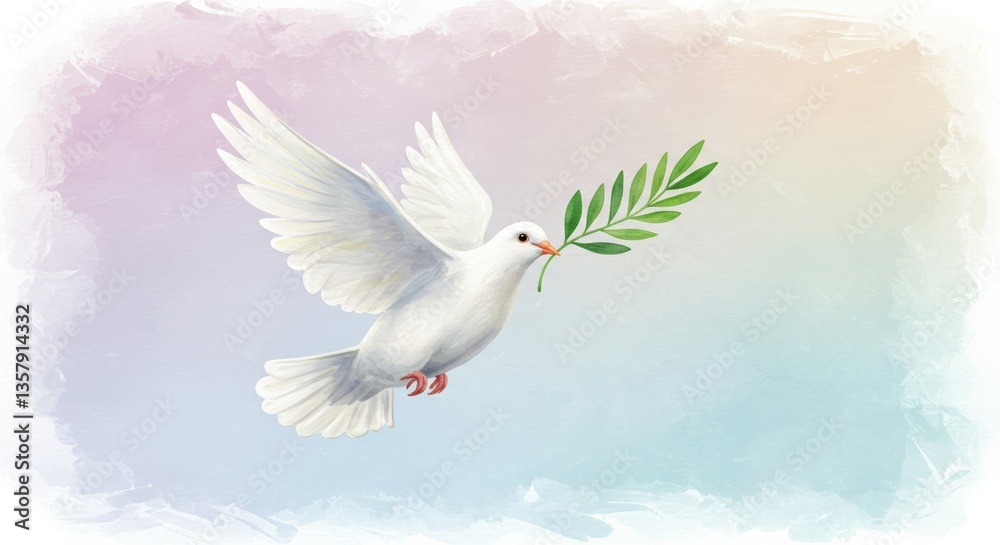 White dove carrying an olive branch against a pastel background White dove carrying an olive branch against a pastel background