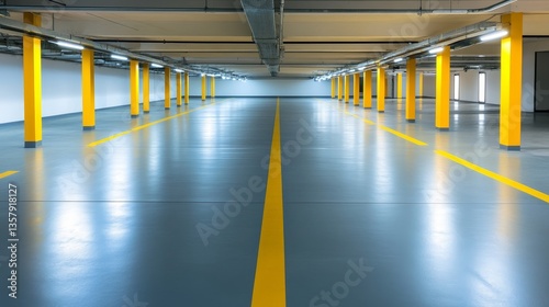 Empty modern parking garage with yellow pillars and lines, showcasing clean design and spaciousness