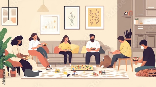 Group of Friends Enjoying a Fun and Creative Playtime Together in a Cozy Living Room