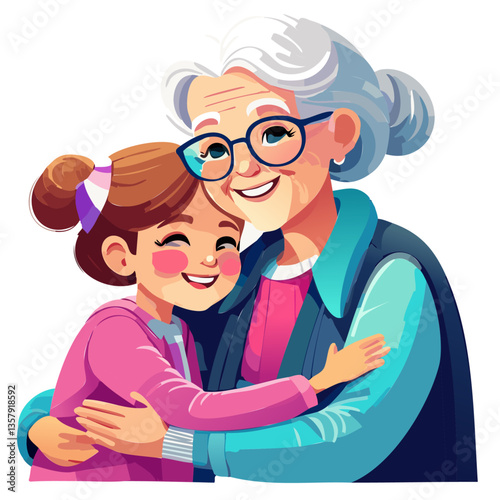 Joyful grandmother hugging her young granddaughter, emphasizing love, warmth and family bond, vector.