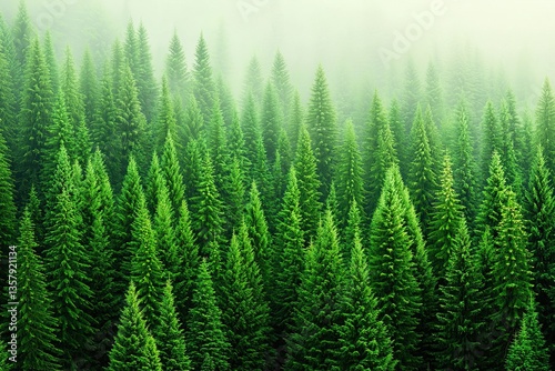 Lush Green Coniferous Forest In Misty Mountain