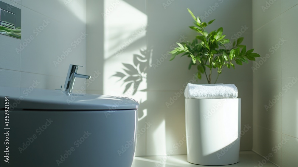 Fototapeta premium A white toilet sits next to a potted plant in a modern bathroom