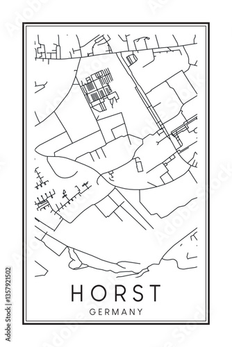 Hand drawn printable downtown road map poster of borough HORST of the German city of ESSEN on solid white background with city name