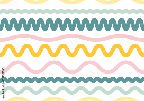 Colorful line doodle seamless pattern. Simple childish hand drawn seamless pattern. Random colorful scribble backdrop with swirls, bundles and dots. Fun colorful abstract background in doodle style