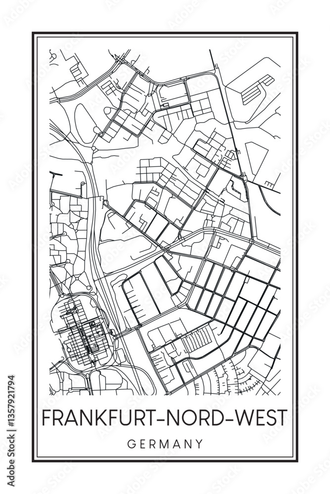 Fototapeta premium Hand drawn printable downtown road map poster of borough FRANKFURT-NORD-WEST of the German city of FRANKFURT AM MAIN on solid white background with city name