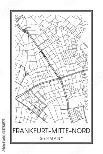 Hand drawn printable downtown road map poster of borough FRANKFURT-MITTE-NORD of the German city of FRANKFURT AM MAIN on solid white background with city name