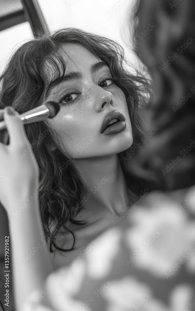 Fototapeta premium A woman sitting in front of a mirror having her makeup applied