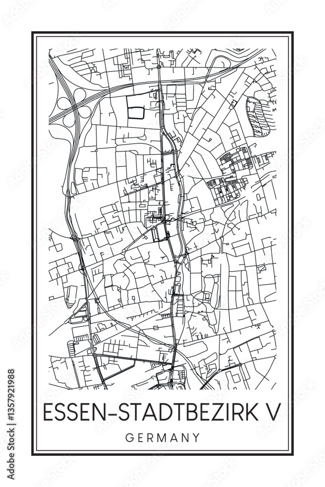 Obraz premium Hand drawn printable downtown road map poster of borough ESSEN-STADTBEZIRK V of the German city of ESSEN on solid white background with city name