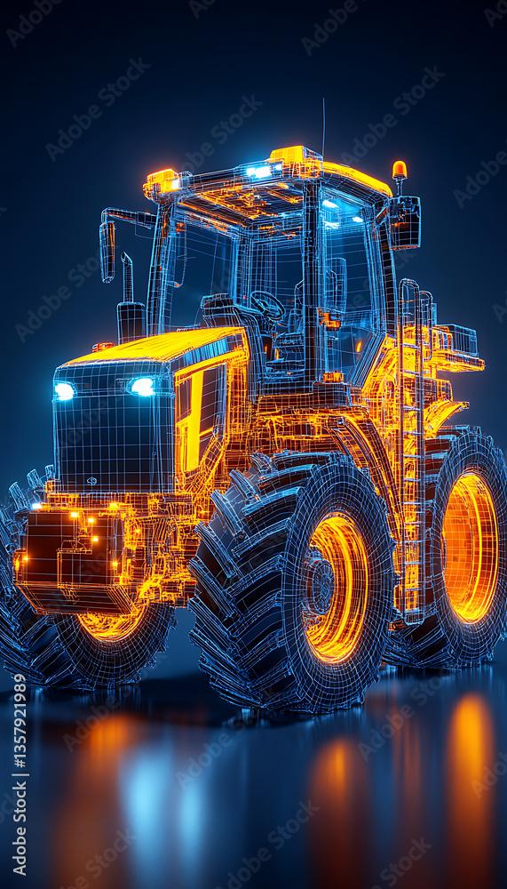 A digital wireframe polygon illustration of a tractor set against a blue background, showcasing the engineering and mechanical intricacy of heavy construction machinery. A digital wireframe polygon illustration of a tractor set against a blue background, showcasing the engineering and mechanical intricacy of heavy construction machinery.