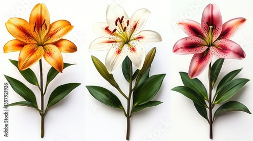 Set with beautiful lilies on white background, lilies flower set isolated white background. Watercolor botanical painting, floral design.