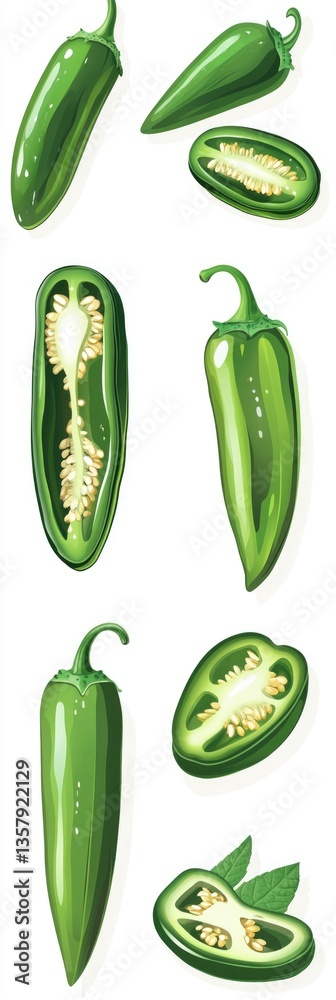 Fresh green peppers on a clean white surface